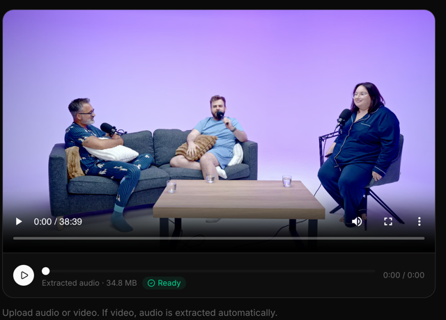 An episode in Puka Cloud showing an uploaded video alongside the audio track extracted from it, marked ready